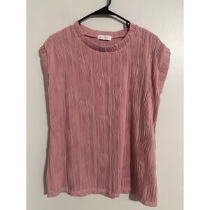 Moshu Womens Pink Plisse Textured Sleeveless Crew Neck Blouse Top Size Large